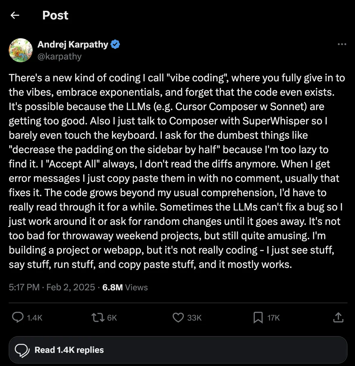 Andrej Karpathy's tweet coining the term vibe coding